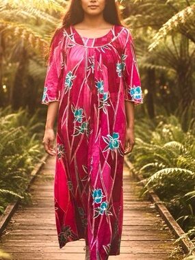 HIlo Hatties - Vintage 1970's - Pink, white, teal floral - Size Small